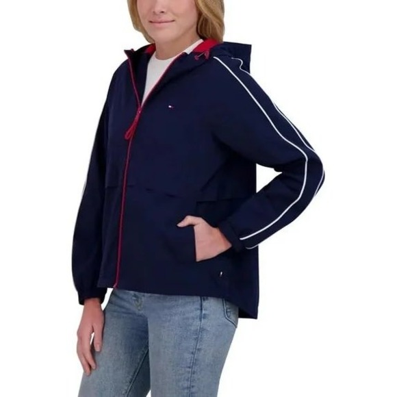 NWT Tommy Hilfiger Womens Navy Blue Hooded Windbreaker Jacket Red Trim Size L - Picture 3 of 7